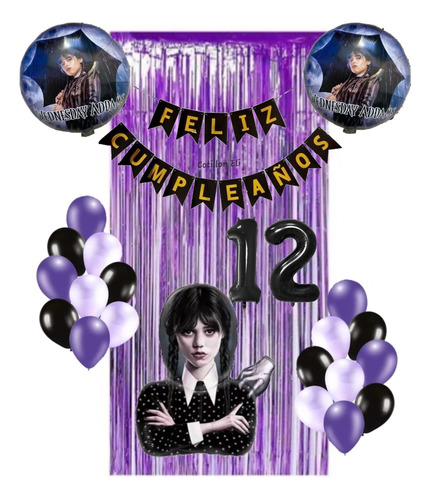 Combo Deco Cumple Violeta Negro Globos Cortina Merlina 1