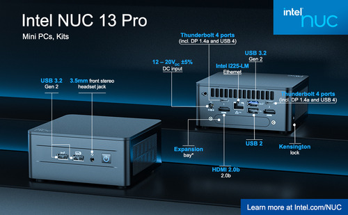 Intel NUC 13 Pro Mini PC (RNUC13L3HI316512U) Core i3-1315u 16 GB de RAM 512 GB SSD Windows 11 Pro para oficina en casa soporte 8K/4K Quad Display WiFi 6E BT 5.3 Thunderbolt