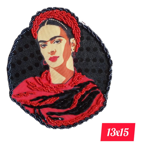 Parche Aplique Frida Kahlo Bordado Mostacilla Negro Estampado