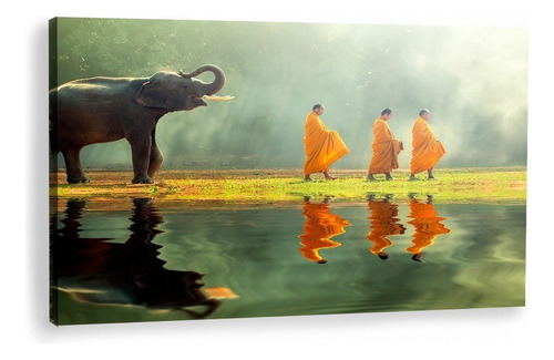 Cuadro Elefante Paisaje Y Monjes Budismo En Lienzo Canvas Color Multicolor Armazón bastidor de madera