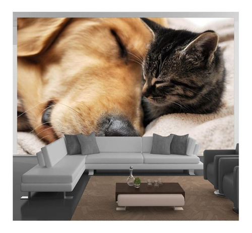 Papel De Parede Animais Cão Gato Dormindo 3d 6m² Anm154