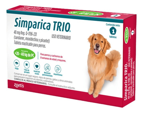 Simparica Trio Antipulgas Para Perros 20.1 A 40kg X 1 Tab