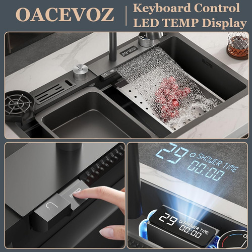 Vasoyo Fregadero De Cocina De Lujo Acero Inoxidable Nano Cascada Fregadero De Cocina Acero Con Led Temperatura Displa fregadero De Piano De Sirena 75x46