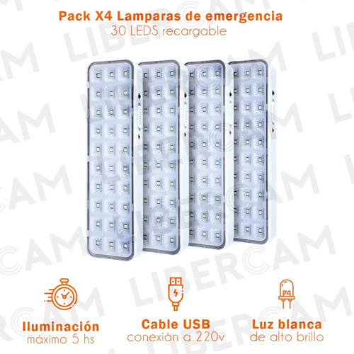 Imagen 3 de 10 de Pack X 4 Luces Luz De Emergencia 30 Led Recargable Usb