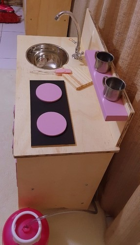 Cozinha De Madeira Infantil - Oque É Oque É - Cooktop Preto Cor Rosa