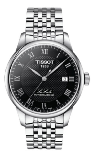 Reloj pulsera Tissot T-Classic Le Locle Powermatic 80 Le locle powermatic 80 de cuerpo color gris, analógico, para hombre, fondo negro y gris, con correa de acero inoxidable color gris, agujas color gris, dial gris, minutero/segundero blanco, bisel color gris y mariposa