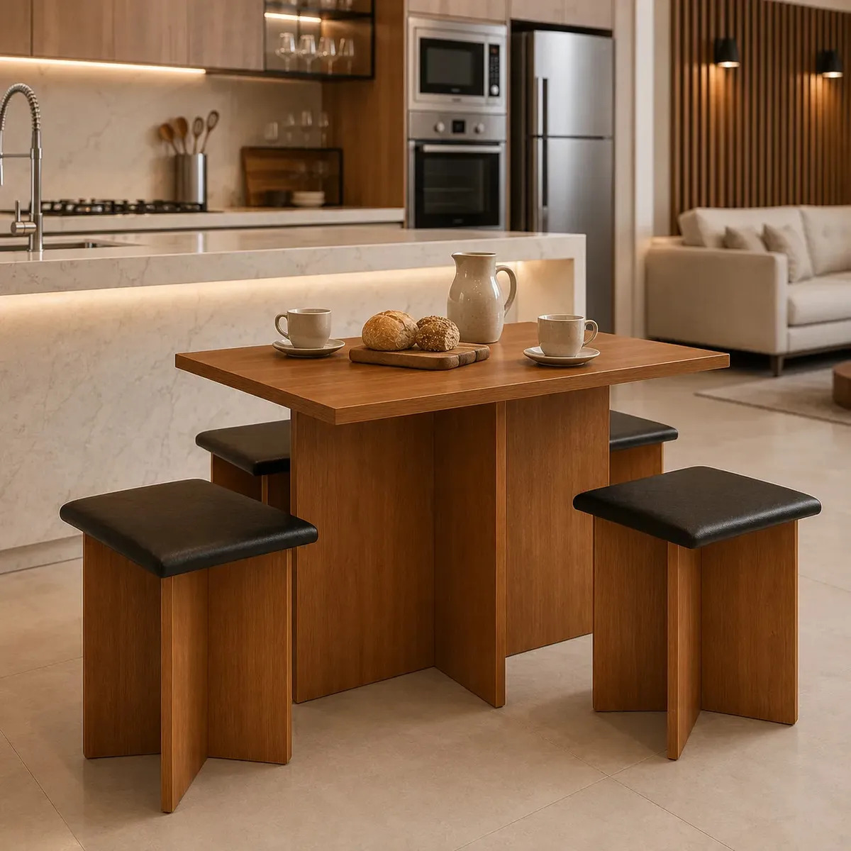 Conjunto Kit Sala de Jantar Mesa Gabriela Quadrada Com 4 Cadeiras Design Moderno Compacto ​Cozinha Cor Freijó Black
