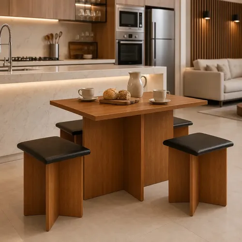 CONJUNTO KIT SALA DE JANTAR MESA GABRIELA QUADRADA COM 4 CADEIRAS DESIGN MODERNO COMPACTO COZINHA COR FREIJÓ BLACK