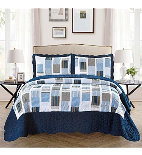 Coleccion De Lujo 3 Piezas Colcha De Cama Blanco Azul Marin