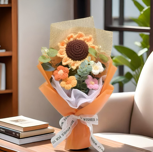 Ramo De Flores Tejidas Crochet Girasol A Mano Regalo
