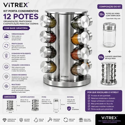 Kit ​Porta Temperos Condimentos Vitrex 12 Unidades Em Vidro E Inox Com Base Giratória