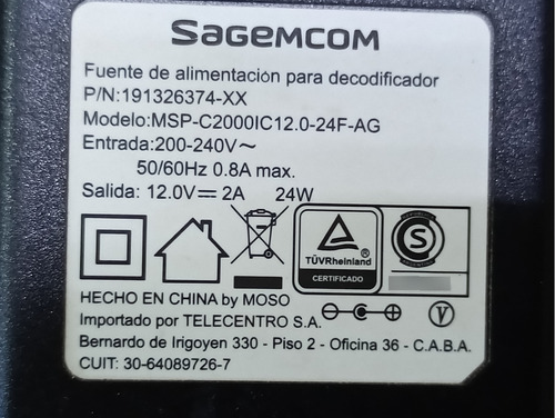 Fuente 12v 2a Sagemcom Para Modem Modelo Dciw 387