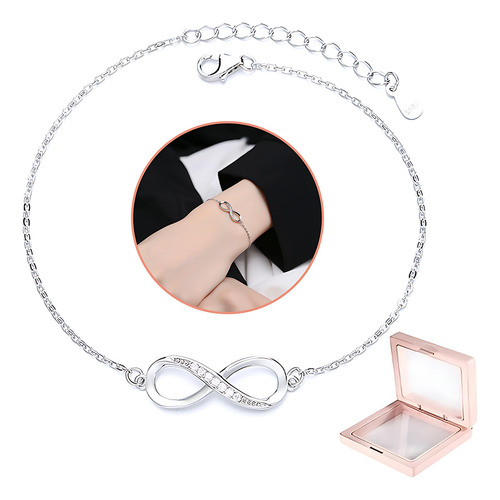 Mookoku - Fina Pulsera Amor Infinito En Plata 925 Con Corazones Ajustable, Viene En Caja De Regalo Para Joyas