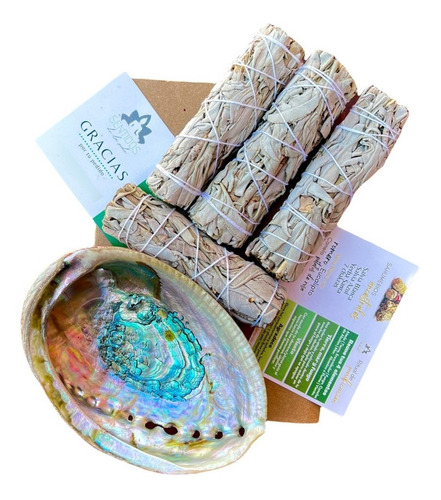 Kit De 4 Sahumerios Con Incensario Natural Concha De Abulón Fragancia Salvia Blanca