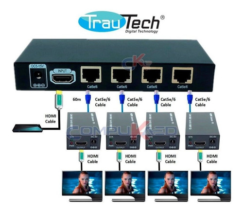 Splitter Extender Hdmi 1 X 4 Salidas Rj-45 De 60 Mt Trautech