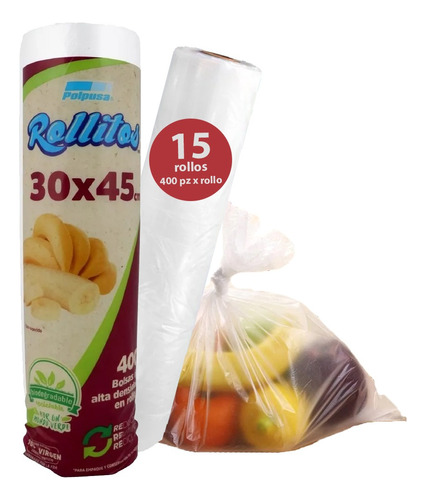 Bolsa Biodegradable 30x45 Cm - 15 Rollos 400 Pzas Por Rollo