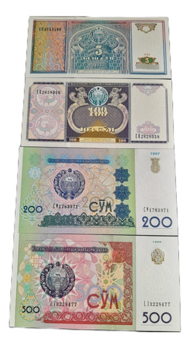 Lote 4 Cédulas Uzbequistão 5, 100, 200, 500 Cym Fe