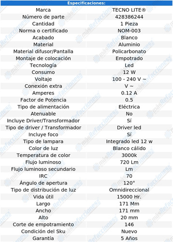 Lámpara De Empotrar Led 12w Blanco Cálido 12ydled430mv30b