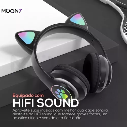 Fone de Ouvido Headphone Bluetooth Orelha de Gato LED Preto