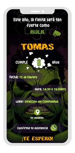 Invitación 100% Digital Diseño Hulk