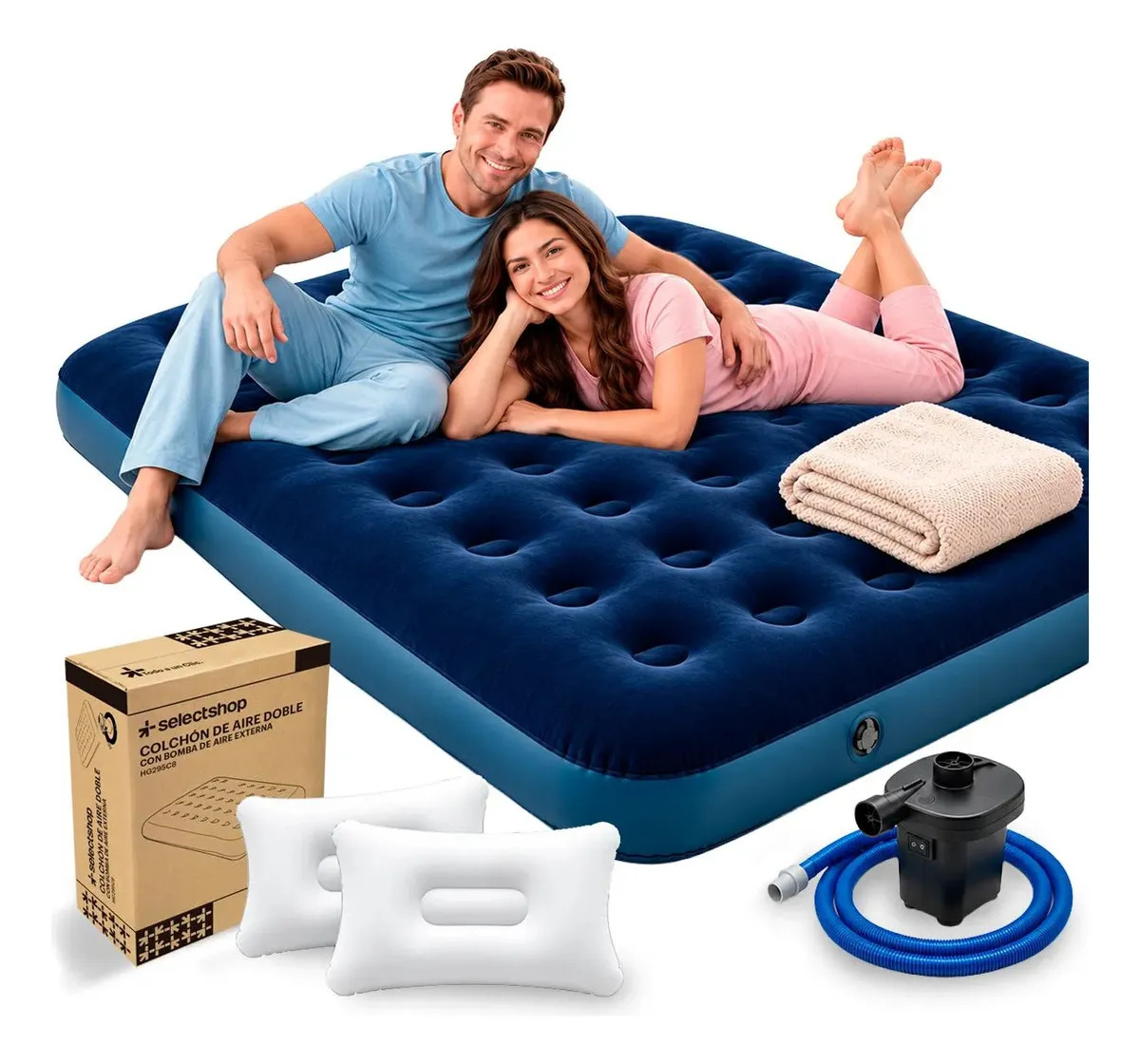 Colchon De Aire Matrimonial Inflable Doble Incluye Almohadas Y Bomba De Aire Selectshop