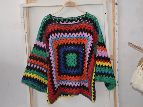Sweater Tejido Granny Crochet Multicolor Algodón Amplio