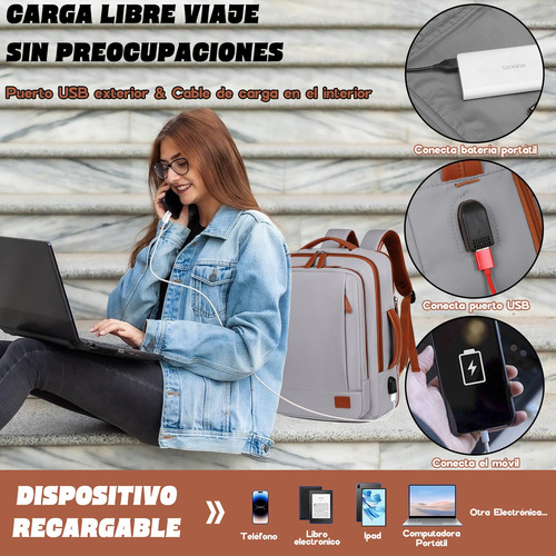 Mochila 35l Impermeable Con Usb - Ligera, Ampliable Y Antishock Para Viajes/trabajo/estudio,modo Bolso/mochila,compartimento Seco/mojado, Unisex Gris Liso