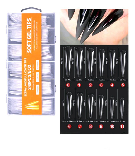 240 Tips Soft Gel Stilletto Extra Largo 12 Medidas 