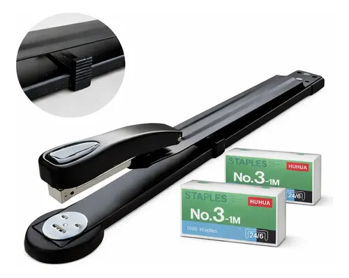 Grampeador longo com alavanca de plástico preto e alça de metal com três furos para ajuste de grampos