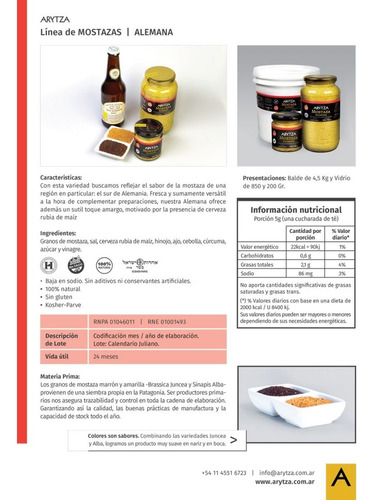 Mostaza Gourmet Arytza Tipo Alemana 850g. 100% Natural