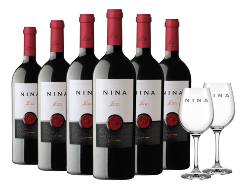 Vino Gran Nina Malbec Caja X 6 X 750ml. + 2 Copas - Combo