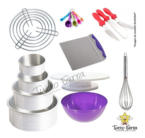 Set Bandeja Giratoria Tortera Espatula Bowl Batidor Cucharas