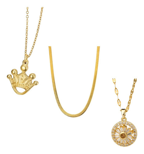 Set Tres Collares Con Dije Corona Flor Giratoria Dorados