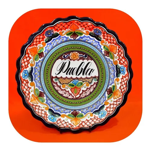 Plato De Talavera Poblana 40 Cm Azul Con Puebla Recuerdo Cuotas