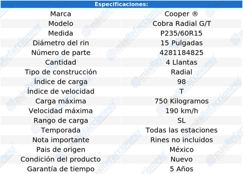4* Llantas P235/60r15 Cooper Cobra Radial G/t 98t