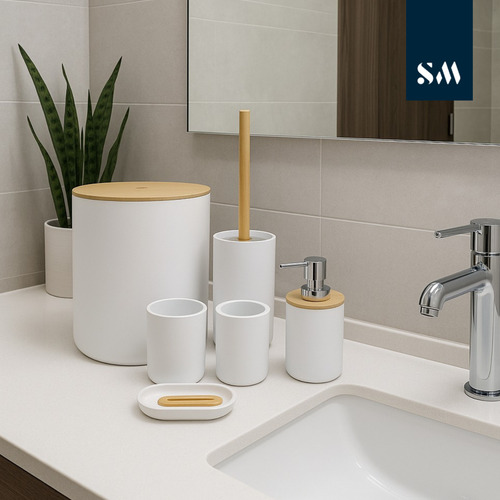 Juego De Accesorios Para Baño Cesto Cepillo Dispenser Blanco