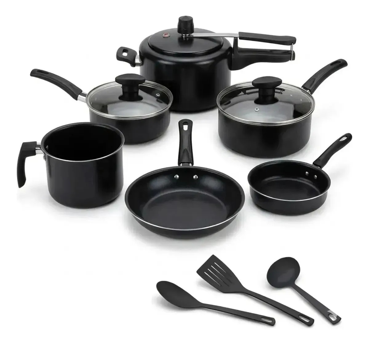 Kit 9 Panelas Alumínio Antiaderente Com Panela De Pressão 2l Preto