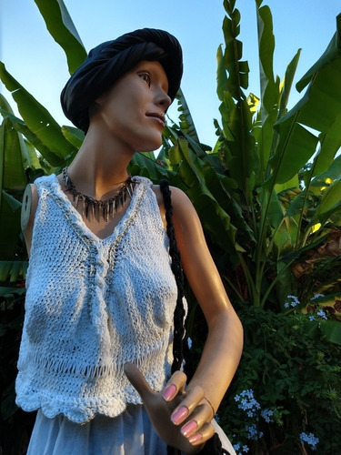 Remera Top Tejida Artesanal Algodon/saten Boho Crochet
