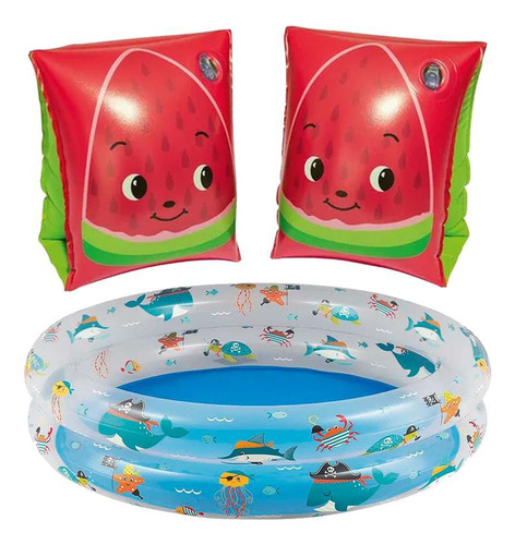 Kit Piscina Infantil Fundo Mar 90l + Bóia De Braço Morango