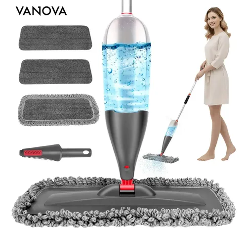 Vanova Mop Spray 360 Reservatório 800ml Cabeça Giratória 360 Microfibra Lavável 3 Panos Cabo De Alumínio Leve Para Piso Laminado Porcelanato Vinílico Madeira Selada