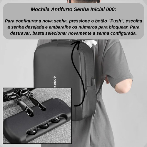 Mochila TheVisionaries Antifurto Executiva Com Cadeado Trava Segurança Porta Usb Saída Fone Ouvido Compartimento Notebook Resistente Reforçada Grande Anti Furto Unissex Masculina Feminina Trabalho
