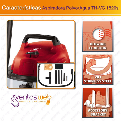 Imagen 8 de 10 de Aspiradora Inoxidable Tacho 20 L Polvo Agua 1250w Auto Hogar