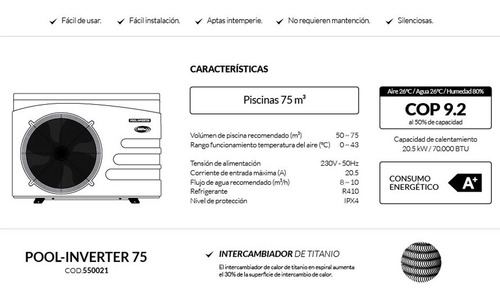 Climatizador Piscina Vulcano Pool-inverter 75 Bomba De Calor
