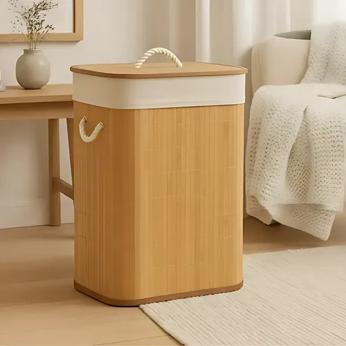 Cesto De Roupa Suja 72l De Bambu Dobrável Alças Malular Natural Lisa