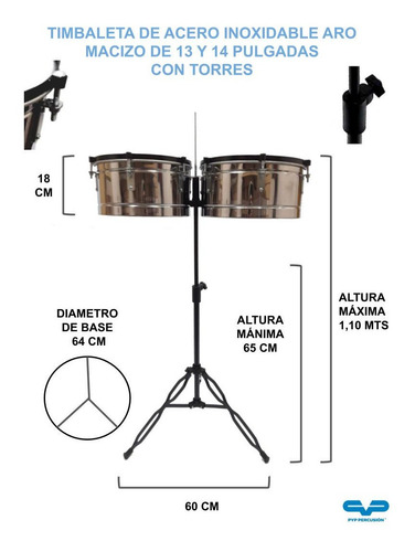 Imagen 3 de 9 de Timbaleta Pyp Percusion Aros Macizo Pata Doble Planchuela F