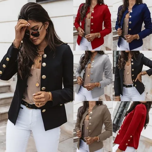 Blazer Manga Larga De Color Entero Con Botón Para Mujer