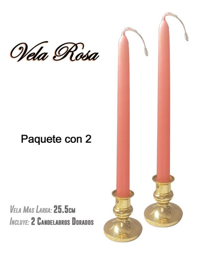 2 Pack Vela Rosa Larga 25.5cm Con Candelabro Dorado