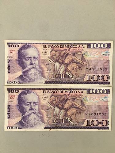2 Billetes De $100 Pesos Venustiano Carranza 1981 Serie Nu