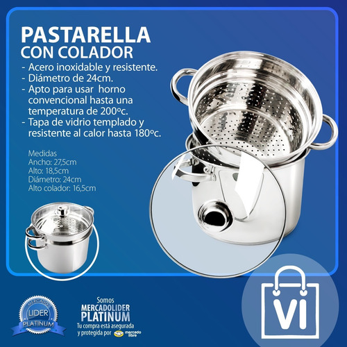 Imagen 2 de 4 de Olla Pasta Pastarella Acero Inoxidable Colador Vaporiera
