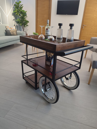 Carrito De Servicio Bar Cantina Cava De Madera Con Llantas Color Parota